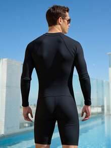Zalmeno 男士撞色拉链长袖连体泳衣 长袖泳衣 男士泳装 男士泳裤 带压缩功能的潜水服 男士冲浪泳衣 泳池服 男士游泳套装 - 黑色 - 查看 2