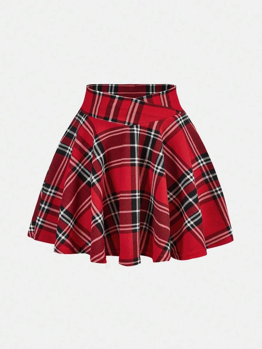 SHEIN Girlism 少女休闲格子交叉腰A字裙 - 紅色 - 查看 1
