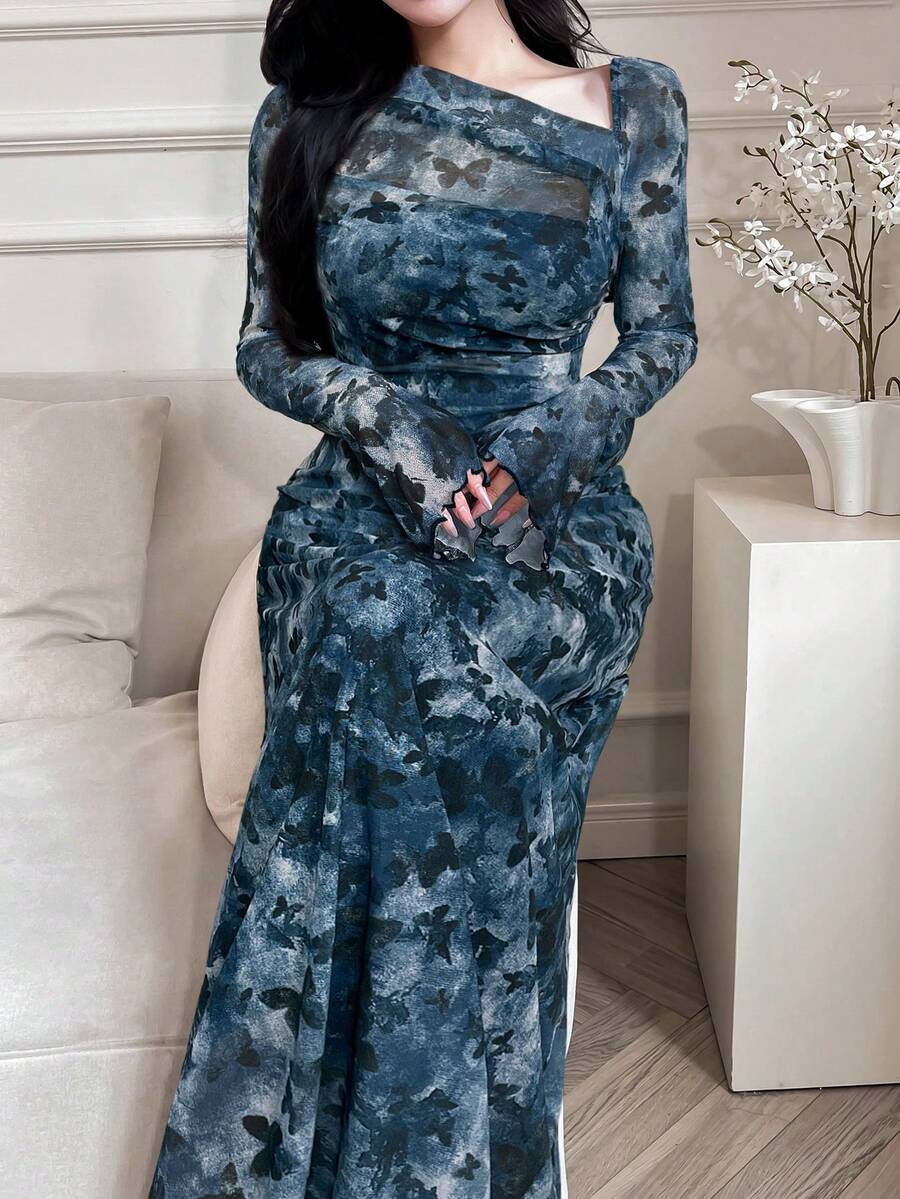 Feyla 女士碎花印花不对称领口荷叶边优雅连衣裙长款晚礼服 - 藏蓝色 - 查看 1