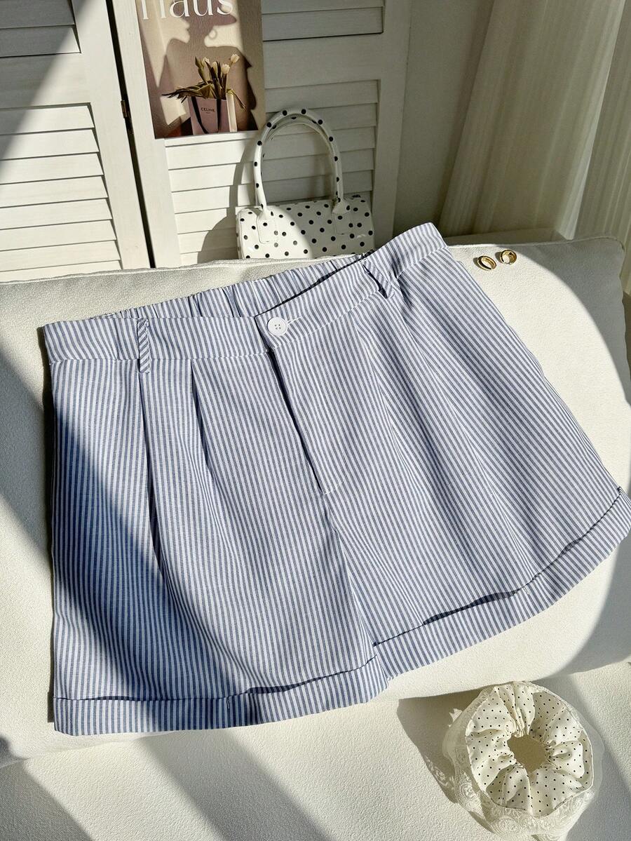 Comfortcana Plus Size Blue Striped Casual Shorts, Fashionable And Suitable For Everyday Wear, Spring