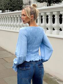 Siren Gaze Women's Solid Color Round Neck Pleated Long Sleeve Fashion Blouse Spring Casual Smocked Top Baby Blue Top Women Ruffle Blouse Blue Long Sleeve Top Light Blue Blouse - Blue - View 4