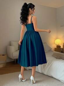 Rafferiza 时尚百搭约会派对吊带喇叭连衣裙，适合秋冬季女性 - 湖藍色 - 查看 2