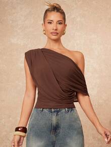 Lumalex 新款高端女士休闲日常通勤优雅纯色腰部不对称肩部褶皱优雅上衣，秋季/商务休闲 - 棕色 - 查看 7