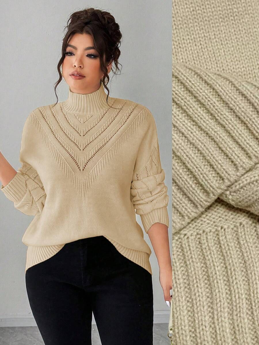 Elenzga Suéter de cuello en V de unicolor para mujer de talla grande, para invierno - Caqui - Ver 1