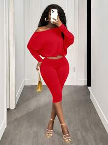 BamGleam 性感不对称肩部收腰长袖露脐上衣和裤子套装 - 紅色 - 查看 7