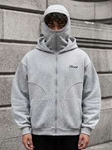 SWAVVY Men's Letter Print Long Sleeve Zip Front Casual Hoodie Grey Hoodie Men Men S Street Wear Zip Up - Light Grey - View 2