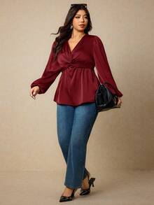 Elaquor Áo kiểu dáng thanh lịch tay phồng, màu trơn dành cho nữ, kiểu dáng đơn giản. - Màu Đỏ Sâu - Xem 3