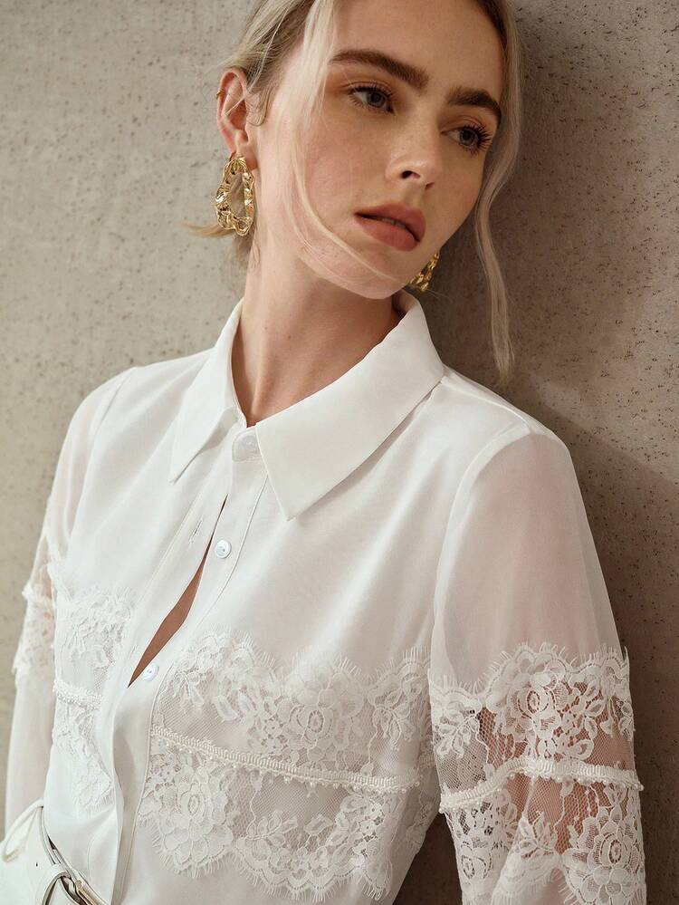 BEIGE CONTRAST LACE WOMEN SHIRT