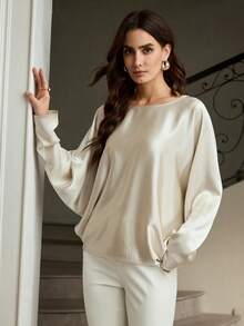 ZEYLAH Women's Contrast Lace Batwing Sleeve Loose Elegant Blouse - Champagne - View 2