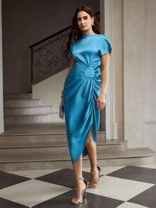 ZEYLAH New Satin Draped Pleated Asymmetrical Dress For Women - Blue - View 4
