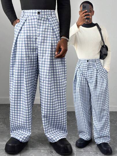 HUEFORM Pantalones casuales a cuadros azules de estilo maduro para hombres