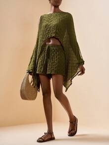 Zivah 女士蝙蝠袖上衣和抽绳腰短裤休闲优雅度假沙滩罩衫套装 - 軍綠色 - 查看 6