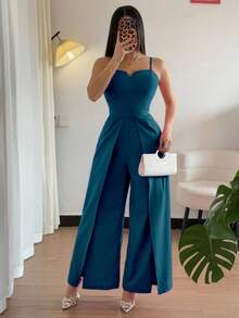 Breezaya 女士时尚日常百搭V领无袖收腰开衩下摆连体裤 - 水鴨藍 - 查看 5