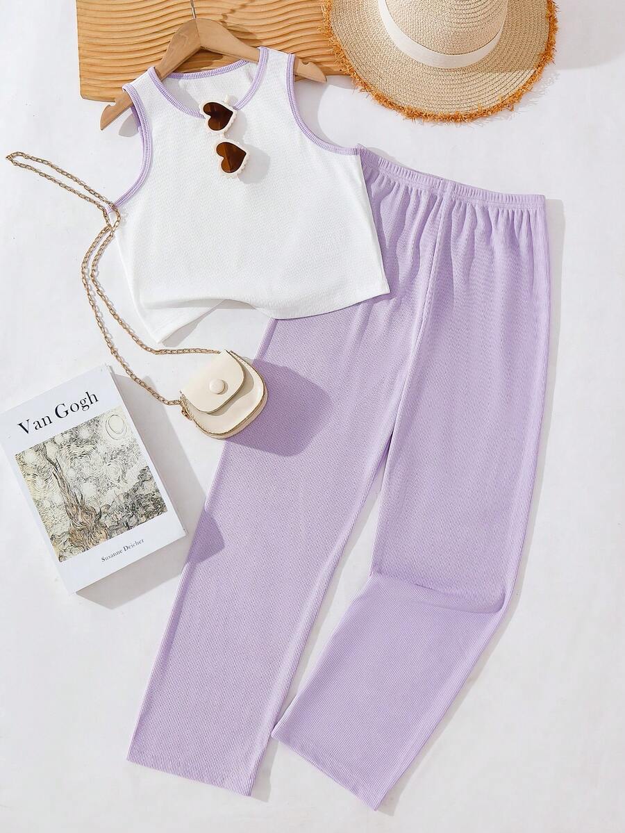 SHEIN Explorewe 2pcs/Set Tween Girls White Tank Top And Khaki Pants, Casual Style - Purple - View 1