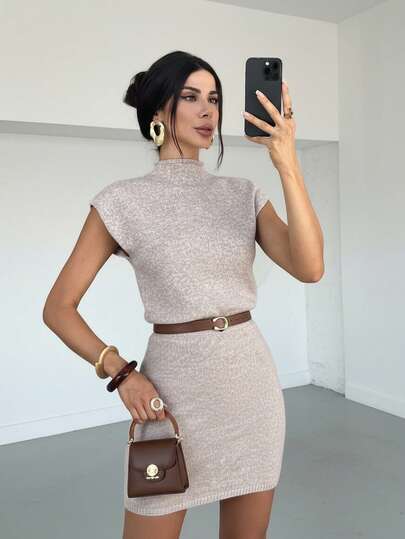 Firerie Women's Casual And Elegant Stand-Up Collar Knit Dress, Perfect For A Romantic Date Or Valentine's Day. / Oatmeal-Colored Sweater Dress / Suitable For Going Out / Vintage Style / Commuter Dress / Teacher's Outfit