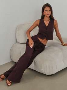 Aloruh Bộ vest công sở màu nâu đậm dành cho nữ, gồm áo vest và quần tây, kiểu dáng đơn giản. - màu nâu - Xem 1