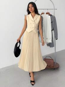 2pcs/Set Casual Elegant Collared Sleeveless Top And Pleated Skirt Set, Suitable For Weekend, Casual Outing, French Chic Lady Outfit - Apricot - View 1