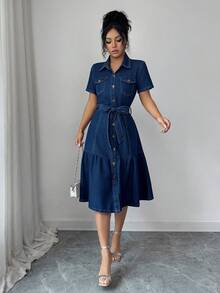 Elenzga Women's Casual Washed Front Button Short Sleeve Denim Dress Summer Elegant - Blue - View 4