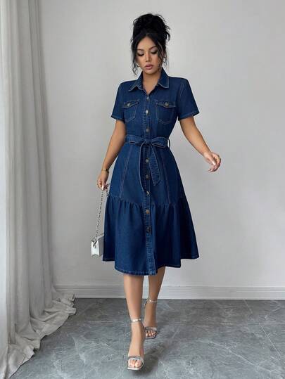 Elenzga Women's Casual Washed Front Button Short Sleeve Denim Dress Summer Elegant