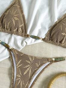 Swim Chiccia 春夏针织提花三角无钢圈挂脖装饰上衣和泳裤女士优雅比基尼套装，适合海滩度假 - 棕色 - 查看 3