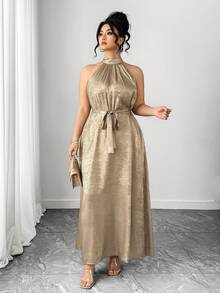 SHEIN Tall CURVE Đầm dáng ôm kiểu Trung Đông thanh lịch, chất liệu vải kim loại, thắt eo, cổ yếm, xẻ tà bên, cỡ lớn, phù hợp cho các buổi đi chơi, tiệc tùng và tụ họp. - Vàng - Xem 3