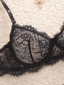 SHEIN Floral Lace Underwire Sexy Bra & Panty Lingerie Set - Black - View 4