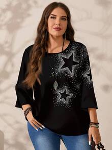 EMERY ROSE 大码女式休闲星形波点印花宽松圆领七分袖衬衫，黑色 - 彩色 - 查看 4
