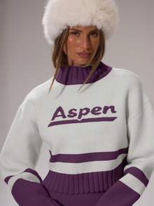 Musera Sport 运动漏斗领“阿斯彭”印花短款针织套头衫，适合冬季保暖运动、健身房锻炼、休闲滑雪和野雪运动。 - 紫色 - 查看 2