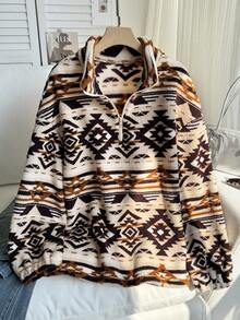 Comfortcana 大码女式几何图案半襟长袖羊毛运动衫，秋冬款