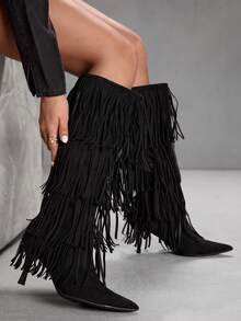 CUCCOO SZL Women's Pointed Toe Fringe Design Fashionable Elegant High Heel Knee-High Boots Valentine's Day - Black - View 9