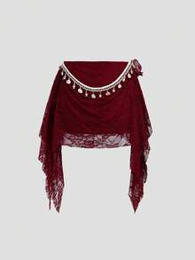 Sweetra Chân váy mini xòe dáng vintage thanh lịch, gợi cảm với họa tiết ren phối ghép, vạt áo xếp ly bất đối xứng, thích hợp cho tiệc Valentine. - Màu Đỏ Sâu - Xem 2