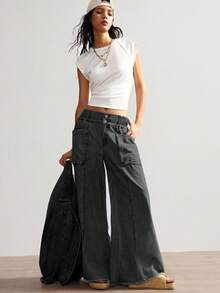 Bohemela Women's Casual Solid Color Woven Loose Wide Leg Pants - Black - View 5