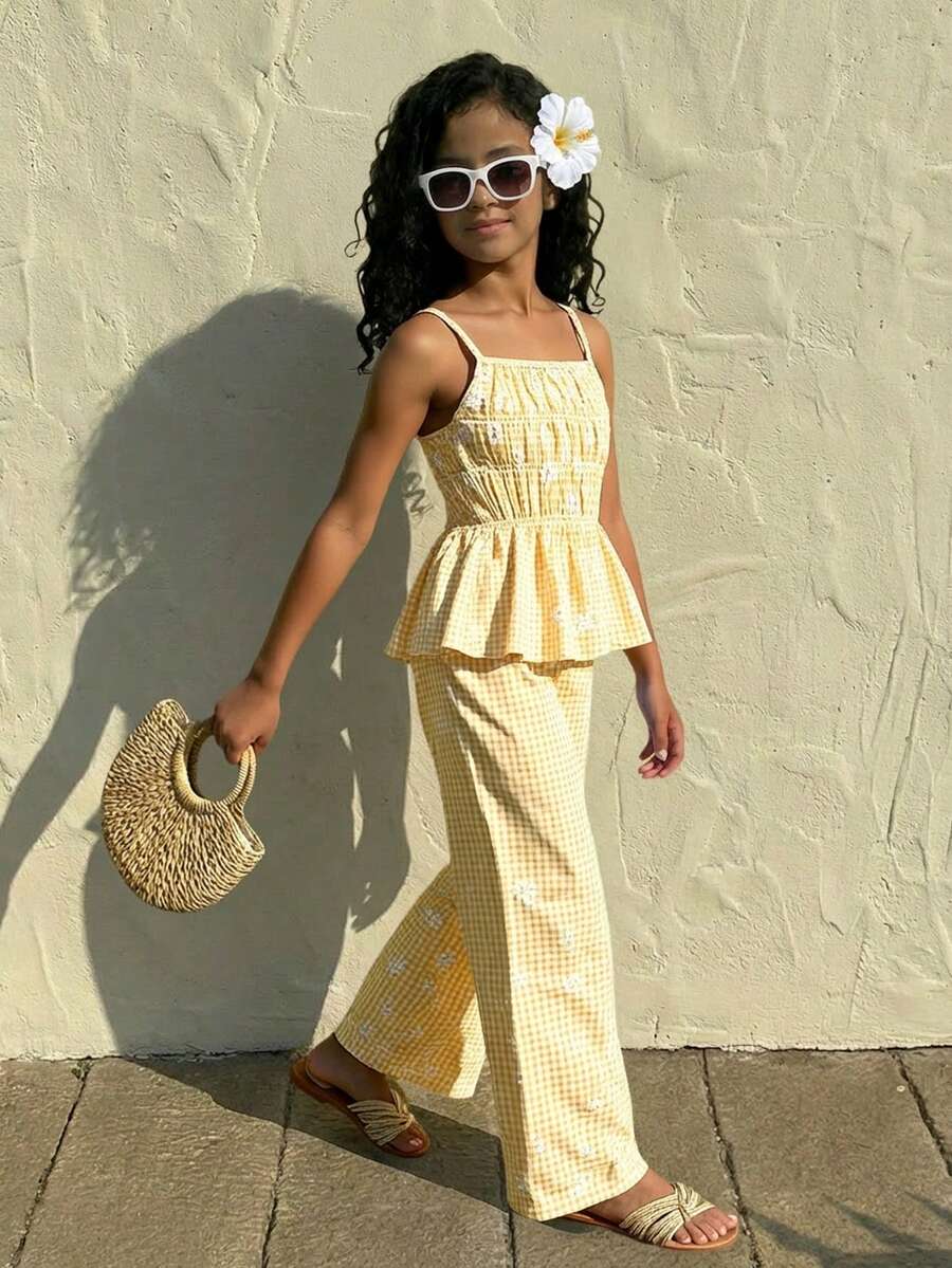 Girls Striped Bow Camisole Top And Straight Leg Pants Summer Vacation Outfit - Yellow - View 1