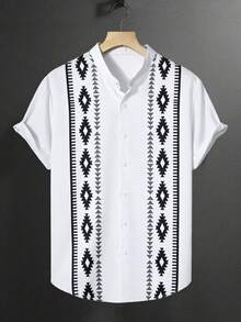 Manfinity CasualCool Áo sơ mi nam tay ngắn, đơn hàng khuy, in họa tiết đồ họa, thường ngày, áo sơ mi thời trang nam, quần áo nam, áo sơ mi nam - Đen và trắng - Xem 3