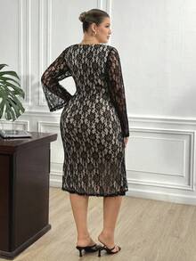 Truni Fall Clothes For Women,WinterPlus Size Round Neck Raglan Flare Sleeve Fitted Lace Dress/Autumn /Winter - Black - View 2