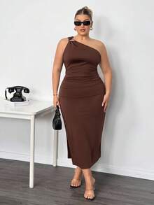 Truni Plus Size Women's Solid Color Sleeveless Ruched Fitted Elegant Dress/Autumn /Winter - Brown - View 10