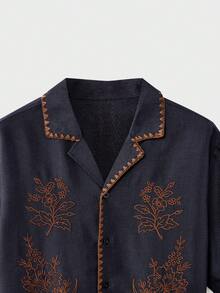 EASEVO 男士大码复古植物印花短袖衬衫 - 寶藍色 - 查看 6