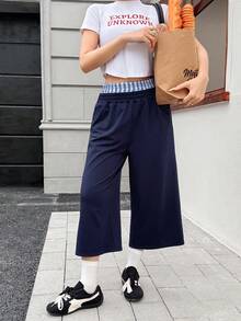 K-Vae 女士休闲宽松格子拼接七分裤 - 藏蓝色 - 查看 3