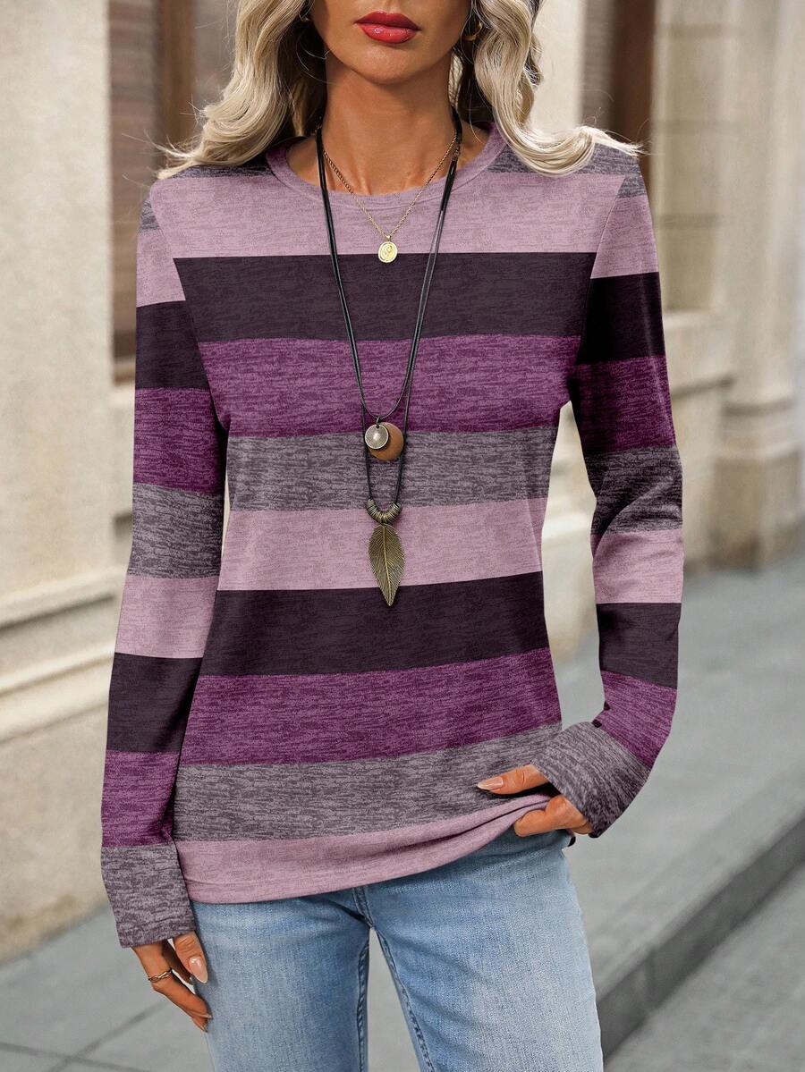 EMERY ROSE 女士圆领条纹印花撞色休闲长袖T恤 春季条纹长袖女式长袖上衣，休闲款 - 紫色 - 查看 1
