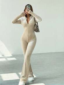 SHEIN EZwear 女士休闲杏色丝绒连帽连体裤，春季，女士春夏装，女士春季套装 - 杏色 - 查看 5