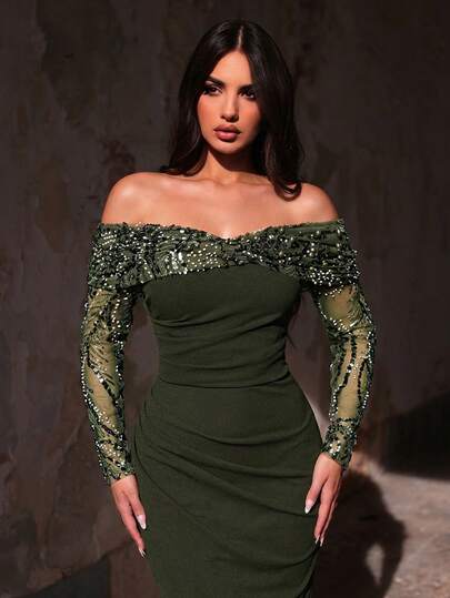 Glamrae Elegant Luxurious Pearl Floral Design Sheer Off-Shoulder Ruched Mermaid Hem Stretch Knit Dress, Suitable For Weddings, Parties, Vacations, Galas, Formal Events (Heavy Embellishment)