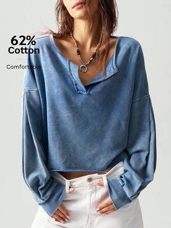 Bohemela 1pc Women Solid Color V-Neck Knit Long Sleeve Loose Pullover Sweatshirt,Long Sleeve Tops In Fall/Winter