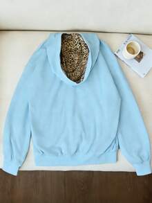 Elamini Women's Casual Leopard Print Sweatshirt With Star Pattern - Baby Blue - View 2