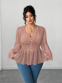 Elenzga 大码女式蓝白碎花腰部荷叶边雪纺衬衫，优雅的花卉饰边设计，适合返校、毕业典礼、情人节、音乐节、母亲节、万圣节、感恩节、复活节、国庆节、舞会、约会、派对、婚礼、户外活动等场合。 - 粉色 - 查看 4