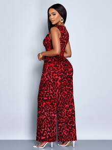 SOLERSUN Women's Contrast Lace Leopard Print Deep V Sleeveless Wide Leg Jumpsuit, Elegant For Commuting And Casual Dating, Sexy & Romantic - Red - View 2