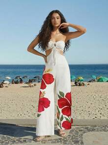 CAJUNI 女士花卉刺绣前系带腰部镂空性感抹胸阔腿连体裤 - 杏色 - 查看 4