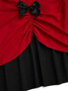 Sweetra 大码优雅复古可爱公主风甜心领蝴蝶结长袖撞色拼接长连衣裙，秋冬款 - 紅色 - 查看 8