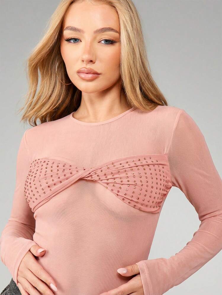 MISSGUIDED Hot Fix Studded Twist Front Panel Bodysuit Long Sleeve Crew Neck Form Fitting Base Layer Top