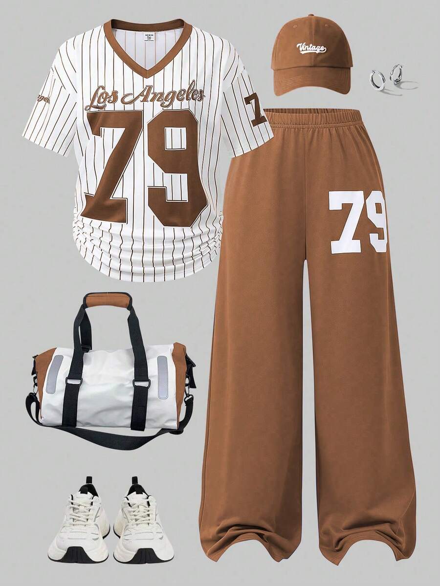 SHEIN ChillGRL 2pcs/Set Casual Fashion Teenage Girls Number Graphic V-Neck Short Sleeve Top And Wide Leg Sweatpants Set - Brown - View 1