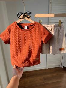 SHEIN Little Byeori 两件套儿童男童休闲日常舒适贴布logo圆领宽松短袖T恤和短裤针织套装 - 彩色 - 查看 5